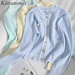 Kimutomo Thin Cardigan Women Spring Korean Fashion Ladies O Neck Single Breasted Long Sleeve with Pocket Top Elegant 210521