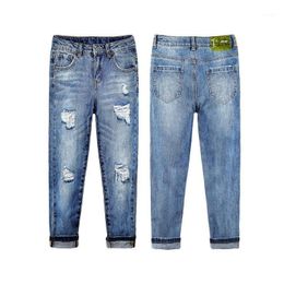 Jeans KIDSCOOL SPACE Kids Girls Slim Flexible Cotton Denim Pants Children Ripped Holes Simple Fashion