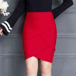 Summer Women Work Skirt Fashion Slim Ruffle Elastic High Waist Package Hip Skirt Black And Red Skirts 210412