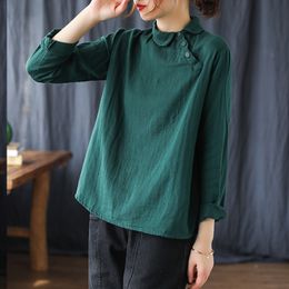 Johnature Cotton Shirts Vintage Blouses Women Solid Colour Cloths Spring Peter pan Collar Long Sleeve Button Casual Shirts 210521