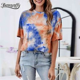 Crew Neck Tie Dye Short T Shirts Women Fashion Summer Raglan Sleeve Female Tops Tees Casual Loose O-Neck T-shirt 210510