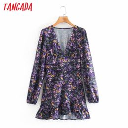 Spring Fashion Women Purple Flowers Print Pleated Long Sleeve Casual Female Mini Dress XN176 210416