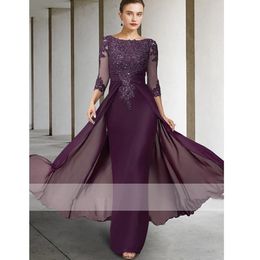 Graceful Purple Sheath Long Evening Dresses For Women Jewel neck Lace Appliqued Beads 3/4 Long Sleeve Mother Guest Formal Occasion Wear 2022 Prom Party Dress