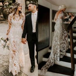 Bohemian Full Lace Beach Wedding Dresses Bridal Gowns Long Sleeve Low Backless Chic Noivas Boho Rue De Soriee