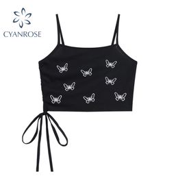 Womens Butterfly Print Y2K Black Camisole Sexy Vintage Streetwear Lace-up Clubwear Spaghetti Strap Tops Sleeveless Chic Camis 210417