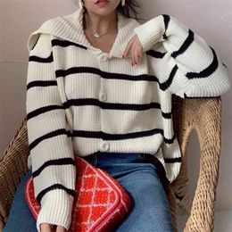 Autumn Winter Women Sweater Korean Hit Colour Striped Causal Knitted Cardigan Long Sleeve Turn Down Collar Knitwear Outerwear 210514