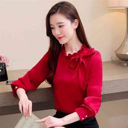 Spring Autumn Women's Shirt Korean Solid Color Stand-up Collar Bowknot Long Sleeve Chiffon Blouse Slim Tops GX532 210507