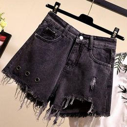 Women Plus Size Denim Shorts Solid Pocket Hole Jeans Black Wide Leg Casual Sexy Summer Booty Womens