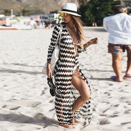 Women Wave Stripe Beach Dress Tunic Lace Crochet Bikini Cover Up Long Kaftan Sexy Summer Cardigan Beach Wear Robe de Plage