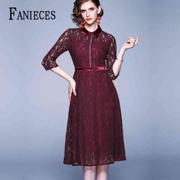 Spring Autumn Fall office Ladies Vintage Runway dresses Wine red Lace Patchwork Long Sleeve Women Party Casual A-Line Midi Dress 210520