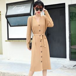 Autumn Winter With Coat Long Sweater Women Medium Calf Base Inner Single Breasted Knitted Dress Adjustable Waist 210520