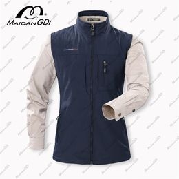 MAIDANGDI Men's Waistcoat Jackets Vest Summer Solid Colour Stand Collar Climbing Hiking Work Sleeveless With Pocket Set 211119