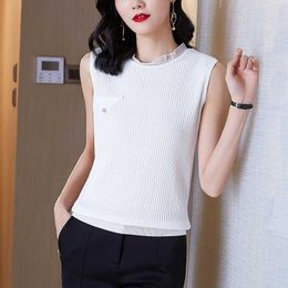 Korean Women's Shirt Knitted Blouses for Women Sleeveless Female Top White O-neck Blouse Woman Basic 210604