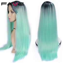 Ombre Wig Mint Green Long Straight Colored Hair Synthetic Wigs Middle Part Heat Resistant Party Cosplay Costume For Womenfactory direct