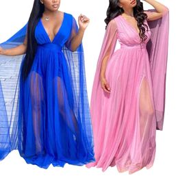 Sexy Party Dresses Plus Size Women Pure Colour Deep V-neck Cloak Sleeve High Waist See Through Floor Length Mesh Gown Dress 211115