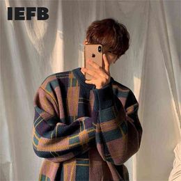 IEFB men's wear autumn winter thickened sweater Korean fashion Colour block patchwork plaid loose veintage kintted tops male 3242 210918