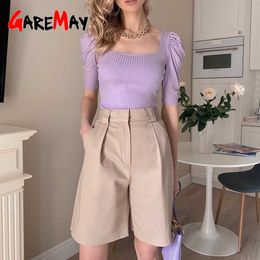 Plus Size Summer Long Shorts for Women with High Waist Casual Pink Loose Khaki Knee Length Women's Wide Leg Shorts with Pockets 210611