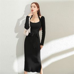 Autumn Winer Fashion Women Knitted Bodycon Dress Spring Sexy Sweater Dresses Female Elegant Chic Lace-Up Vestidos 210603