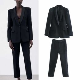 ZA 2Pcs Solid Suit Ladies Single Button Office Lady Jacket+Pant Design Women Basic Long Sleeve Pockets Coats 210930