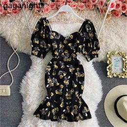 Vintage Flower Women Party Dress Short Sleeve V Neck Mermaid Robe Fashion Lady Ruffles es Chic Korean Girls 210601