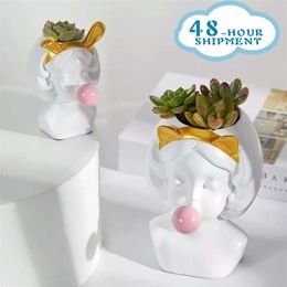 Kawaii Vase Home Decor Nordic Resin Cute Girl Human Head Bubble Gum Flower Pot Modern Art Decoration Creative 211214