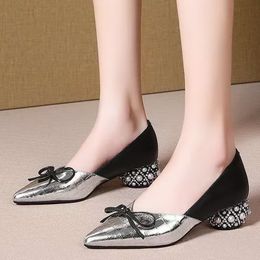 Thick Heel Single Shoes Woman MID Heels Women Autumn Work Shoe Female Footware Soft Leather Bowtie Pointed Toes SILVER