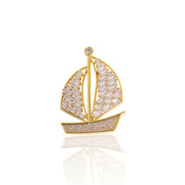 Madrry Cubic Zircon Sailboat Shape Brooches For Women Men Gold Colour Lapel Pin Brooch Fine Gift Wedding Bridal Corsage