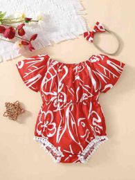 Baby Floral Print Guipure Lace Detail Bodysuit & Headband SHE