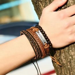 Punk Style Black Stone Beaded Braided Leather Bracelet Custom Engraving Believe Faith Bracelets DHL Free