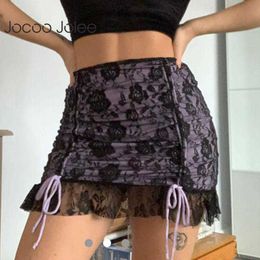 Jocoo Jolee Women Summer Y2K Lace Patchwork Flower Printing Mesh Mini Skirt High Waist Vintage Streetwear Sexy Party Club 210619