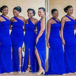 2021 African Royal Blue Sexy Bridesmaid Dresses Wedding Guest Dress One Shoulder Side Split Elastic Satin Mermaid Party Maid of Honor Gowns