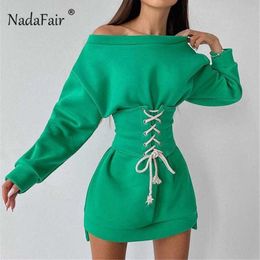 Nadafair Casual Mini Sweatshirt Dress with Corsets Women Autumn Clothes Overisized Long Sleeve Tunic Party Winter Dress 2021 Y1006