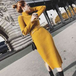 Women Long Sleeve Turtleneck Split Side Sweater Winter Sexy Skinny Knitted Dress With Belt Bottoming Bodycon Dresses 210416