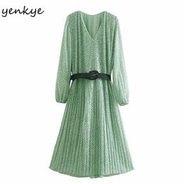 Spring Women Vintage Print Pleated Chiffon Dress Female V Neck Long Sleeve Free Belt Casual Midi Vestido Plus Size 210514