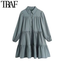 TRAF Women Chic Fashion Button-up Loose Mini Shirt Dress Vintage Three Quarter Sleeve Pleated Female Dresses Mujer 210415