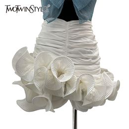 Casual White Skirt For Women High Waist Patchwork Asymmetrical Ruched Mini Skirts Females Summer Fashion Style 210521