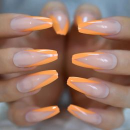 False Nails Arrival Nail Tips Long Coffin Shape Acrylic Design French Orange Border For Party 24 Pcs