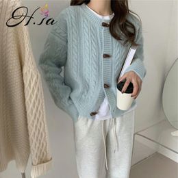 H.SA Women Casual Sweater Twsited Loose Knit Jackets Horn button Cardigans Pink Outerwear Knitted Spring Coat 210417