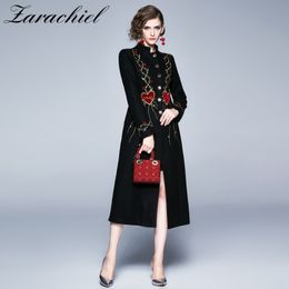 Winter Vintage Peach Heart Embroidery Woolen Coat Women Single-breasted Thick Warm Wool Overcoat Female Pocket Long Outwear 210416