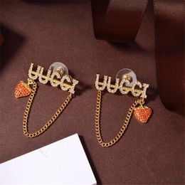 Diamond Inlay Letter Earring Strawberry Ear Charm Cute Design Chain Pendant Stud Womens Party Earrings