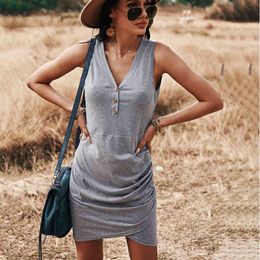 Sexy Casual mini sleeveless Dress Women's summer vest solid Colour dress female with waist slim A-Line Solid Button dress 210514