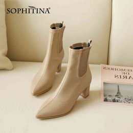 SOPHITINA Ankle Boots Women Concise High-Quality Leather Pointed Thick Heel Elastic Fabric Shoes Classics Women's Boots SO548 210513