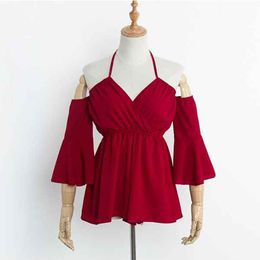 Red Black Solid Women Rompers Lace Up Halter Flare Sleeve Off The Shoulder Sexy Beach Summer 3/4 J0034 210514