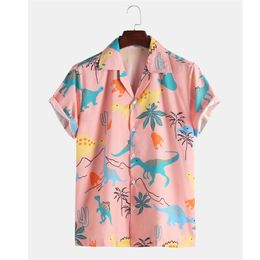 2021 Fashion Hawaiian Shirt Mens Funny Style Dinosaur Cartoon Printed Short Sleeve Pink Shirts Men Korean Clothes 220218