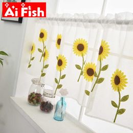 1 Piece Rod Pocket Pure Color Sheer Door Short curtains Bay Window Sunflower Embroidery Half Curtain Partition kitchen Drapes #5 210712