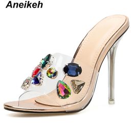 PVC CRYSTAL Sandals Crystal Open Toed Sexy Thin Heels Women Transparent Heel Slippers Pumps 210507