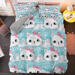 -Conjuntos de cama Cute Animais Gatos Luxo Dos Desenhos Animados Cat Dog Kids Duvet Cobertura Set Impresso Rainha King Size Bedclothes 2/3 Pcs