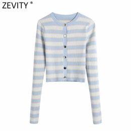 ZEVITY Women Fashion O Neck Long Sleeve Striped Knitting Sweater Female Breasted Slim Cardigan Sweater Chic Crop Tops SW828 210603