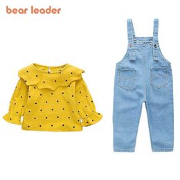 Bear Leader Kids Girls Casual Clothing Spring Autumn Baby Polka Dot T-Shirt Suspender Jeans Outfits Children Cute Clothes 210708