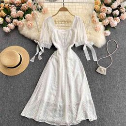 Summer Women Vintage Embroidery Square Collar Long Dress Ladies Lace High Waist A-line Slim Elegant Dresses 210430